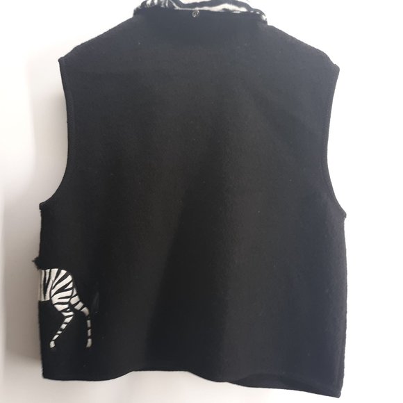 Lisa International Womens Size Large 100% Boiled Wool Full Zip Black Zebra Vest - Picture 10 of 12